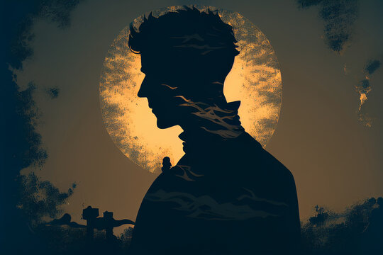 Mental health and spiritual awakening concept. Silhouette of man with double exposure effect. Created with Generative AI