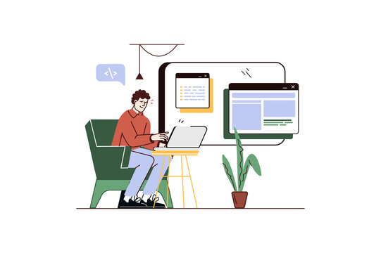 Web development concept with people scene in flat cartoon design. Man creates new algorithms for applications and sites using laptop and programming language.