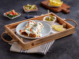 Chicken shawarma durum doner kebab copy space.