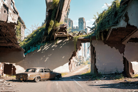 Ruins and a rusted car overgrown by plants. In background the last remains of a city after a war. Generative AI