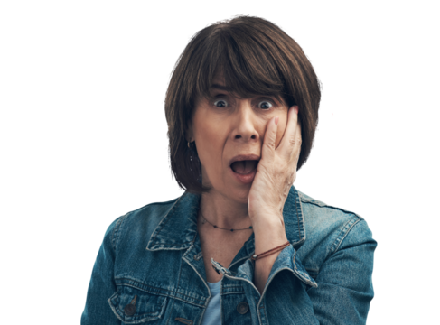 A senior woman looking shocked Isolated on a PNG background.