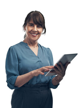 A Senior Woman Using A Digital Tablet Isolated On A PNG Background.