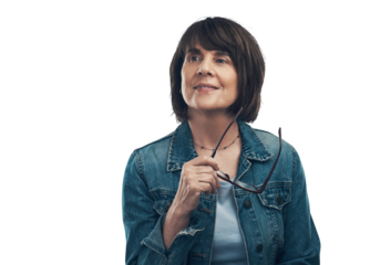 A senior woman looking thoughtful Isolated on a PNG background.