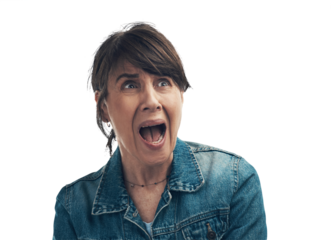 A senior woman looking scared Isolated on a PNG background.