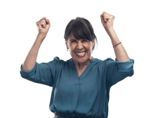 A senior woman cheering Isolated on a PNG background.