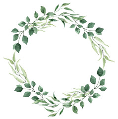 Naklejka premium Round leaf frame. Watercolor floral wreath made of green foliage and branches. Hand-painted illustration. PNG clipart with transparent background.