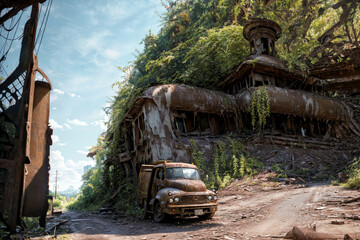 Fototapeta na wymiar Ruins and a rusted wrecked oldtimer truck overgrown by plants.On the horizon the last remains of a city after the apocalypse. Generative AI