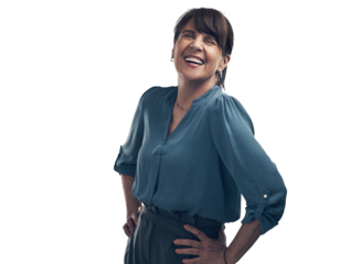 A senior woman standing with her hands on her hips Isolated on a PNG background.