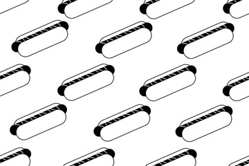 Seamless pattern with black and white hot dog with editable stroke. Outline endless background with sausage in the bun with ketchup. Website banner and wallpaper print for fast food.