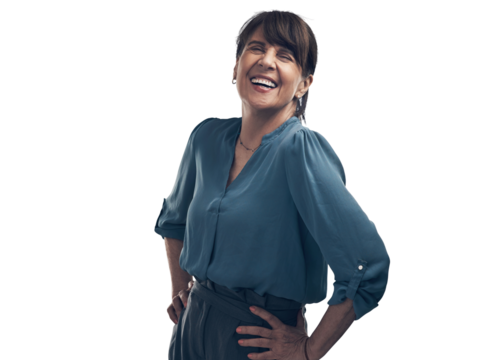 A senior woman standing with her hands on her hips Isolated on a PNG background.