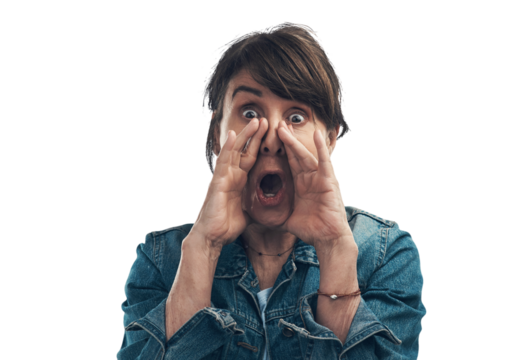 A senior woman shouting  Isolated on a PNG background.