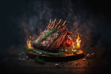 Grilled pork ribs with BBQ sauce, spices and rosemary, open fire behind - Generative AI
