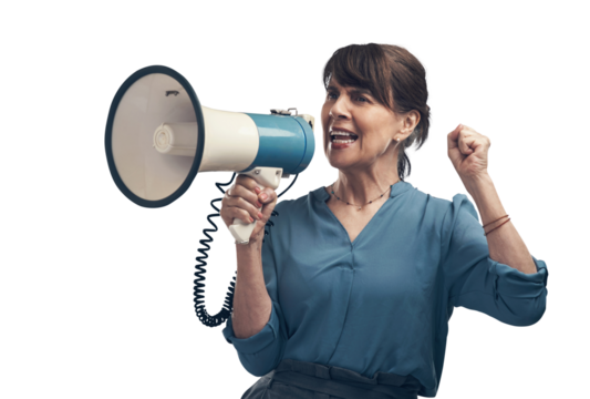 A senior woman using a megaphone Isolated on a PNG background.
