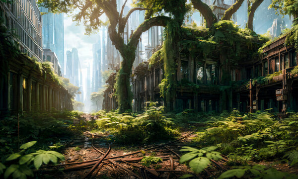 Ruins overgrown by plants. In background the last remains of a city skyline after the apocalypse. Generative AI