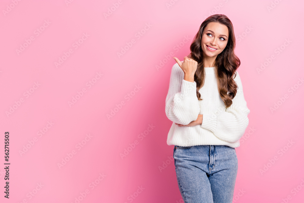 Sticker Portrait of nice cheerful lady toothy smile look direct finger empty space isolated on pink color background