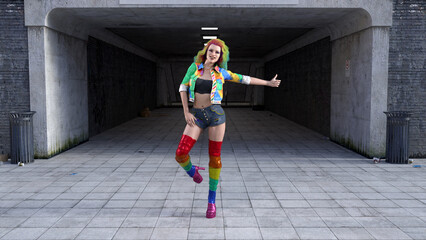 Illustration of a woman standing on one leg wearing rainbow color clothing hitchhiking in front of a subway tunnel.