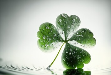 Four leaf clover with morning dew on water. Saint Patrick's day. Isolated. Copy space. Generative ai.