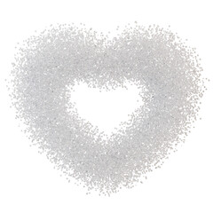 Heart with small white crystals, particles, on transparent background. Valentine's Day, Wedding. Cut out design element. 3D rendering.