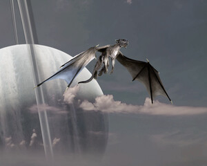 Illustration of a gray dragon with spread wings flying upward high in the sky with a ringed exoplanet in the background.
