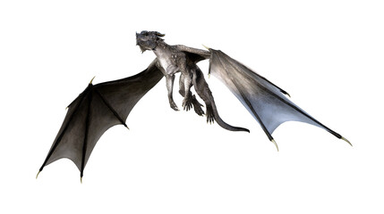 Illustration of a gray dragon with spread wings flying upward isolated on a white background.