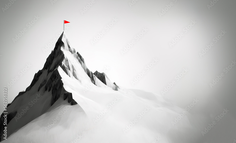 Wall mural flag on the mountain peak, meaning overcoming difficulties, goal achievement, winning strategy with 