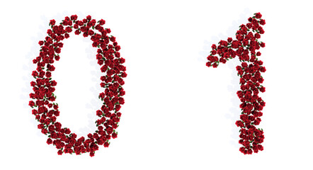Concept or conceptual set of beautiful blooming red roses bouquets forming the fonts 0 and 1. 3d illustration metaphor for education, design and decoration, romance and love, nature, spring or summer.