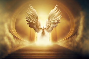 Majestic angel guarding the gate of Heaven, Generative AI illustration