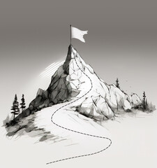 The way to the top concept, with path leading to flag on top of mountain, Generative AI illustration