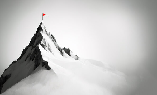  flag on the mountain peak, meaning overcoming difficulties, goal achievement, winning strategy with focus on results, Generative AI illustration