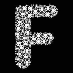 Alphabet letter F coloring book page design with round geometric circle shapes style