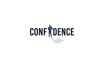 confidence logo with a combination of confidence lettering, a businessman standing as the letter i, and superhero shadow.