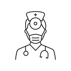 Fototapeta premium Otolaryngologist Doctor Line Icon. Otolaryngology Medic Staff with Stethoscope, Mirror Linear Pictogram. Ear, Nose, Throat Doctor Outline Icon. Editable Stroke. Isolated Vector Illustration