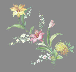 Flowers watercolor illustration.Manual composition.Big Set watercolor elements，Design for textile, wallpapers，Element for design,Greeting card