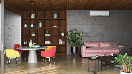 large luxury modern bright interiors living room with air conditioning mockup illustration 3D rendering