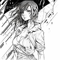 anime style woman, it's raining