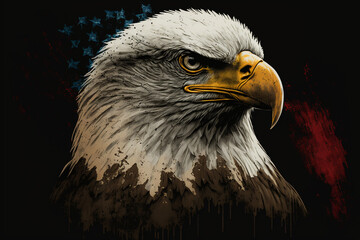 Bald Eagle with US flag art background created with Generative AI - obrazy, fototapety, plakaty