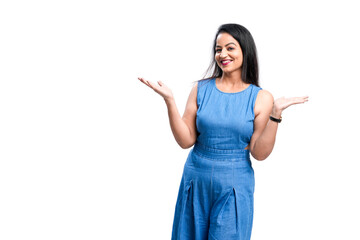 Indian woman giving expression on white background.