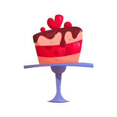 Sponge Cake with Heart, Covered with Chocolate Standing on a Stand Isolated on a White Background. Bakery Shop. Sweets for Valentine's Day. French Patisserie. Vector Illustration in Cartoon style.