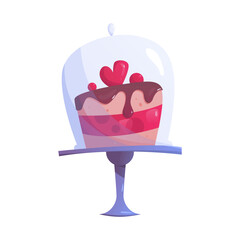 Sponge Cake on a Dish Covered with a Glass Lid Isolated on a White Background. Bakery Shop. Festive cake for Valentine's Day. French Patisserie. Vector Illustration in cartoon style.