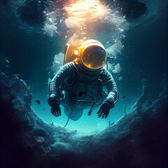 Abstract astronaut in spacesuit swimming underwater. AI generative.