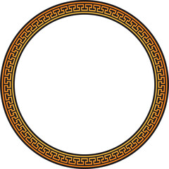 Vector orange and black round frame, border, classic Greek meander ornament. Patterned circle, ring of Ancient Greece and the Roman Empire..
