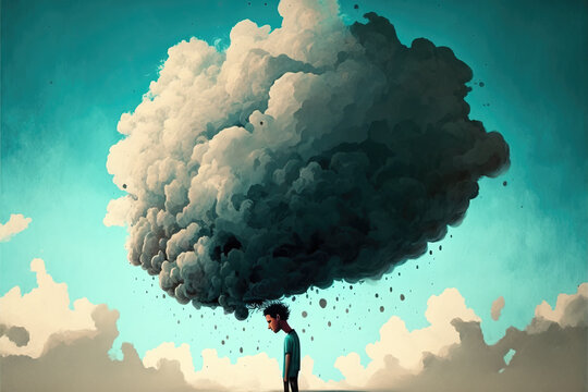 Illustration Of A Man With His Head Under A Cloud, Ai Generated