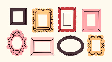 Set of various decorative Frames or Borders. Different shapes. Photo or mirror frames. Vintage design. Elegant, modern flat style. Hand drawn trendy Vector illustration. All elements are isolated