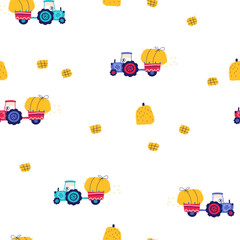 Rural fields seamless pattern. A village of work. Vector hand drawn farm land with tractor and hay. Trendy doodle style, bright palette for baby prints.