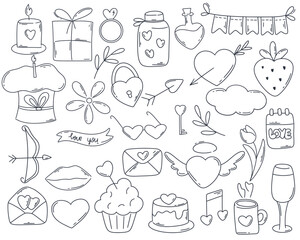 Valentines day doodle set isolated on white background. Clip art cute romantic elements. Love objects and symbols sketch. Ink hand drawn collection, vector illustration