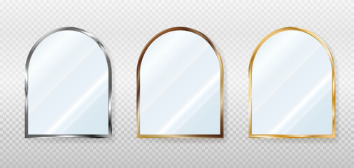 Realistic semi-oval mirrors in metal, bronze and gold frames. Reflective glass plate. 3d vector illustration isolated on transparent background.