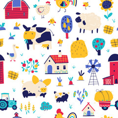 Farm cartoon seamless pattern. Vector funny hand-drawn characters of domestic animals, countryside, houses and sheds with tractor and garden. Trendy doodle style, bright palette.