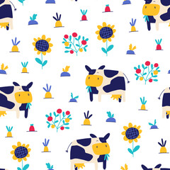 Cow in the garden seamless pattern. Village farm. Vector hand drawn cute characters. Trendy doodle style, bright palette on white background for baby prints.