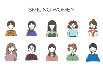 笑顔で正面を向く女性のアバター、シンプルなアイコンセット