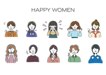 嬉しい、楽しい、喜ぶ女性のアバター、シンプルなアイコンセット